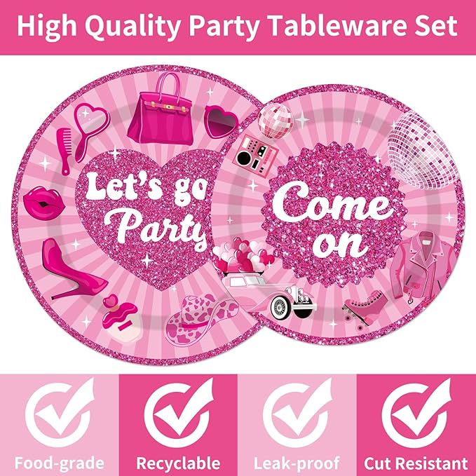 96PCS Let's Go Party Plates and Napkins Party Supplies Hot Pink Girls Party Decorations Baribe Themed Disposable Paper Tableware Set Serves 24 Guests
