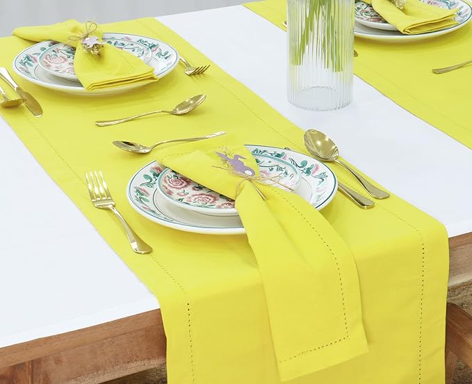 PurpleEssences Set of 6 Hemstitch Cloth Dinner Napkins 100% Cotton - Soft Durable Washable - Ideal for Wedding Christmas Holiday Winter - Perfect Everyday Use Table Linen 18x18 - Yellow
