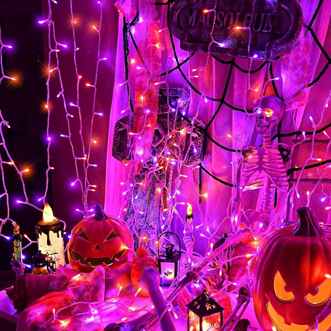 66FT 200 LED Christmas Lights Outdoor, Orange & Purple Christmas String Lights Waterproof with 8 Modes, Connectable Clear Wire Twinkle Light for Indoor Home Tree Xmas Garden Decorations