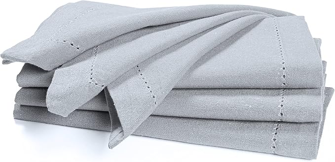 Palisa Cloth Dinner Napkins with Hemstitched Detailing & Mitered Corners Set of 4 (18x18 Inches) Grey - Cotton Reusable Dinner Napkins - Perfect for Weddings & Everyday Use