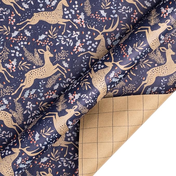 RUSPEPA Christmas Kraft Wrapping Paper - Reindeer, Berry Leaf and Text Design - 4 Rolls - 30 inches x 10 feet per Roll