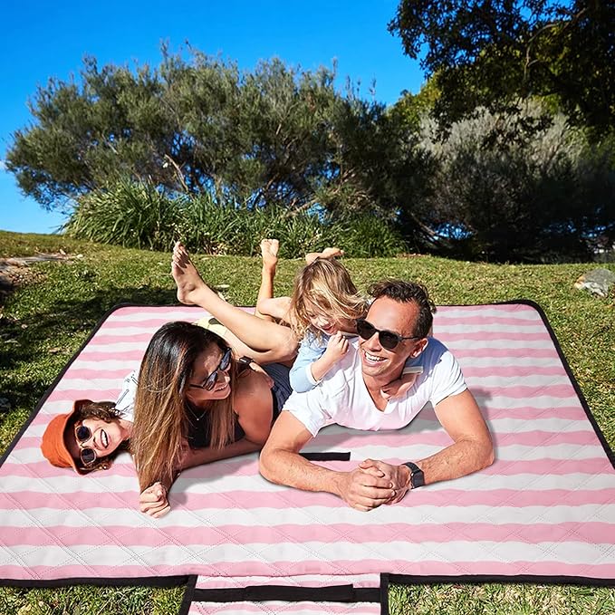 Waterproof Picnic Blankets,79''x79'' Extra Large Foldable Sandproof Beach Blanket,Portable 3-Layer Polyester Outdoor Picnic Blanket for Grass Lawn,Beach,Family Camping,Park,Travel-Pink Stripe