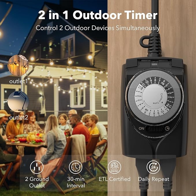 HBN Outdoor Timer Outlet Waterproof, 24 Hour Mechanical Light Timers for Electrical Outlets Outdoor Weatherproof, 2 Grounded Outlets for Christmas Lights, Holiday Decorations, 15A 1/2HP
