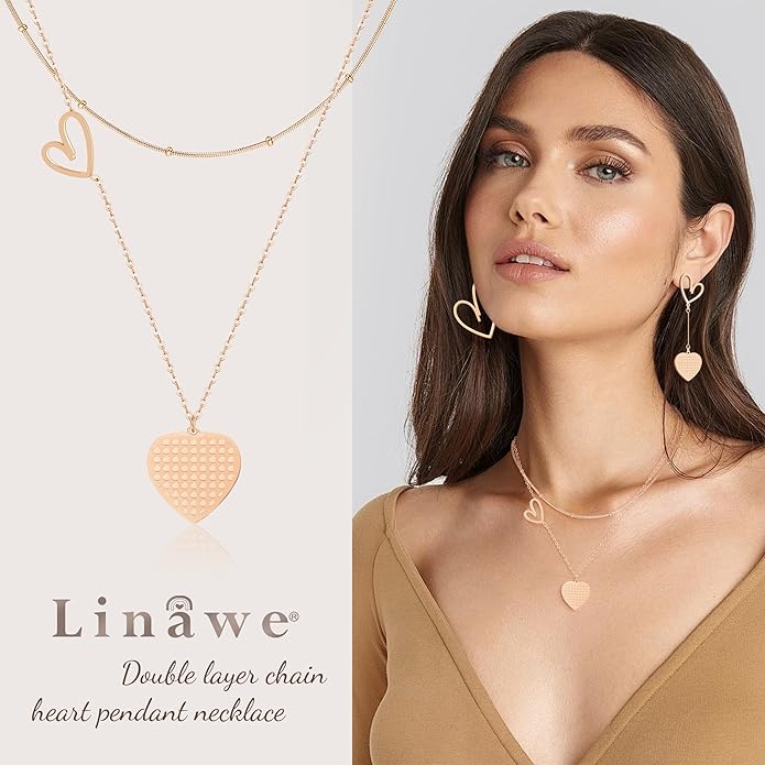 Linawe Layered Choker Heart Pendant Necklace for Women Trendy, Gold/Silver/Rose Gold Chain Stainless Steel Stacked Necklaces, Double Heart Necklace Y2K Preppy Jewelry