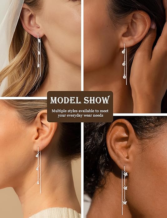 Gold Silver Dangle Earrings for Women Trendy 14K Gold Plated Drop Long Threader Chain Dangling Earring Hypoallergenic Pearl Butterfly Flower Clover CZ Wedding Earrings for Brides Jewelry Gifts
