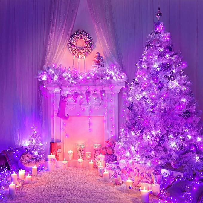 Vivideal 200 LED Christmas Lights Outdoor Waterproof 66ft Purple String Lights Clear Wire with 8 Modes Plug in Purple Christmas Light for Tree Party Decorations