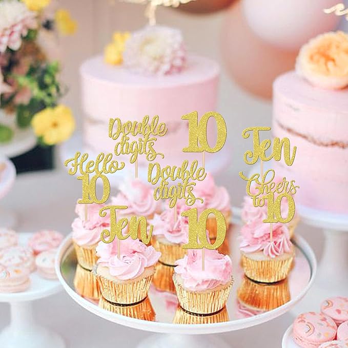 30PCS Happy 10th Birthday Cupcake Toppers Glitter Ten Double Digits Hello 10 Cupcake Picks Cheers to 10 Birthday Decorations for 10th Birthday Anniversary Party Cake Decorations Supplier Gold