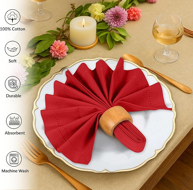 Ruvanti Cloth Napkins - 100% Cotton Dinner Napkins, Hem Stitched Corners, 18x18 Inch, 12 Pack - Soft, Absorbent, Durable, Reusable, Wrinkle Resistant for Formal Dining & Everyday Use - Flame Scarlet