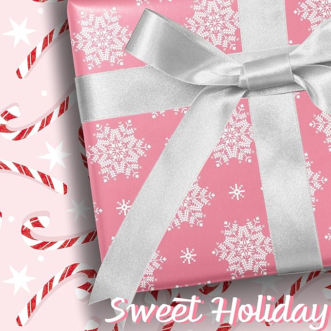 LaRibbons Reversible Christmas Wrapping Paper Roll, Pink Snowflake & Candy Cane Design for Christmas, Party, Holiday, Celebration, 17 Inch X 33 Feet