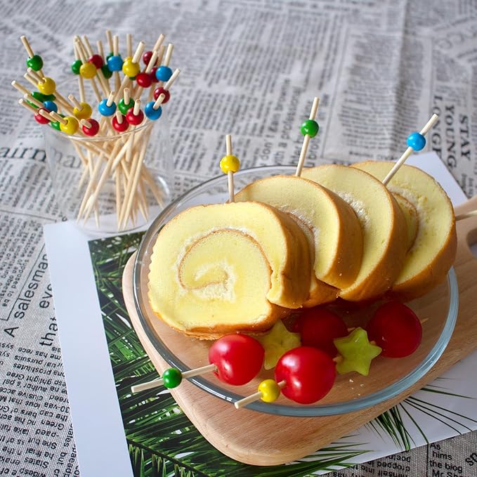 BLUE TOP 200pcs Colorful Wood Pearl Cocktail Picks for Drinks&Food,4.7Inch Fancy Cocktail Toothpicks for Appetizers/Fruit/Cakes/Cheese,Food Picks,Decorative Bamboo picks for July 4th Parties,Bar
