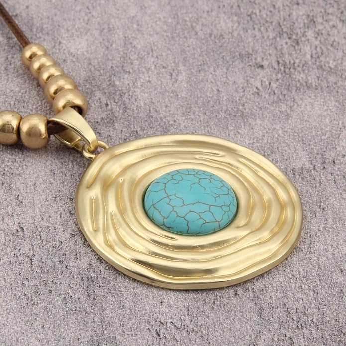 Boho Leather Necklace Women Bohemian Brown Circle Pendant Necklace Choker Long Necklaces for Women Boho Ring Large Pendant