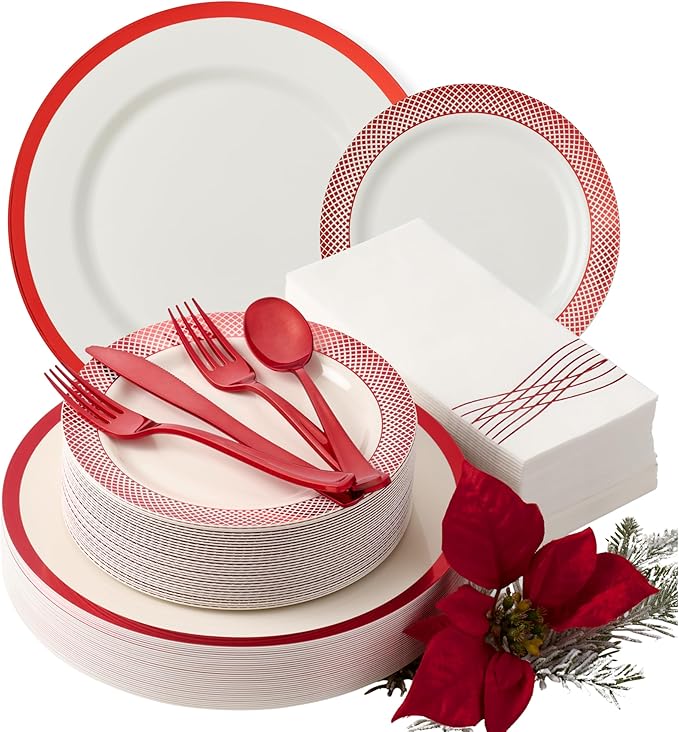 By Madee HEAVYWEIGHT 175 Pc Christmas Plates and Napkins Disposable | White with Red Trim Plastic Plates, Silverware & Napkins | Fancy Disposable Dinnerware Set for Weddings & Party (25 Guests)
