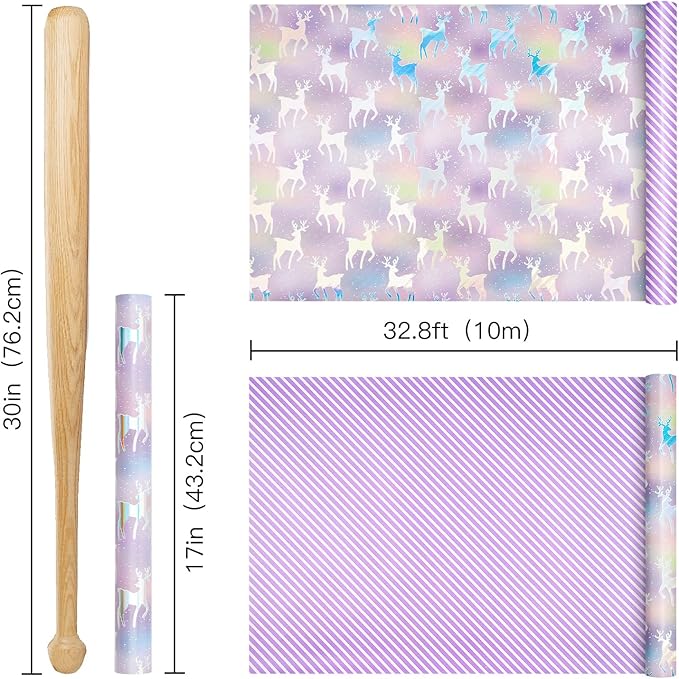 RUSPEPA Christmas Reversible Wrapping Paper Roll for Girls, Mini Roll, Colorful Foil Pastel Reindeer Design and Purple Stripes, Dreamy Gift Wrap for Christmas Gifts, Holiday, 17 Inches x 32.8 Feet
