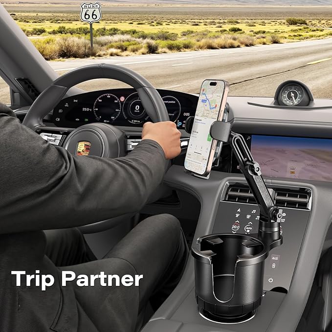 APPS2Car 2-in-1 Cup Phone Holder Mount for Car – Adjustable Arm & Base, 360° Rotatable Cradle – Holds 18–40oz Bottles & Smartphones – for Cars, SUVs, Trucks