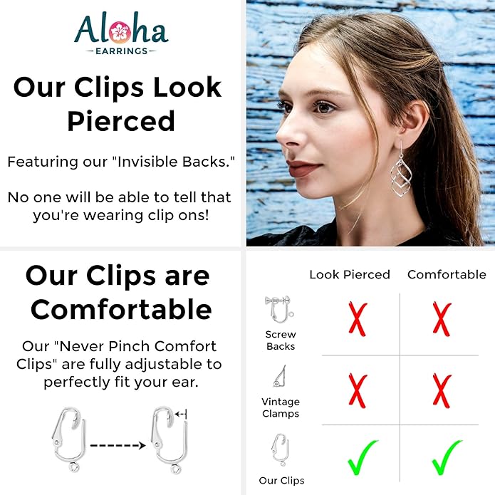 Silver Clip On Earrings For Women, They Look Pierced, Don't Pinch & Won't Fall Off, Hypoallergenic & Lightweight