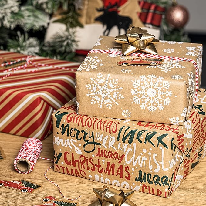 RUSPEPA Christmas Wrapping Paper Set - 4 Rolls of Kraft Wrapping Paper (30 Inches x 10 Feet Per Roll) with 8 Gift Bows, 1 Spools of Bakers Twine, Jute String, 30 Stickers and 30 Gift Tags - Red