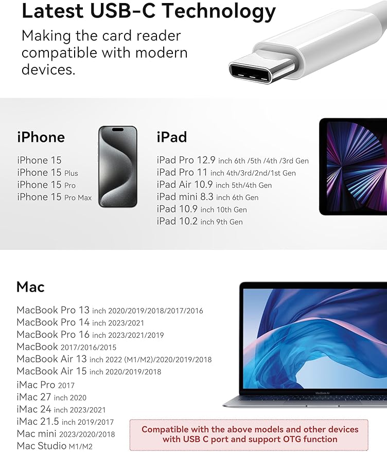 SD Card Reader, USB C to Micro SD/TF/CF Memory Card Reader, 4 in 1 USB Type C Camera Adapter for iPhone 15, iPad Pro, MacBook, Supports Memory Card SD/Micro SD/TF/Compact Flash