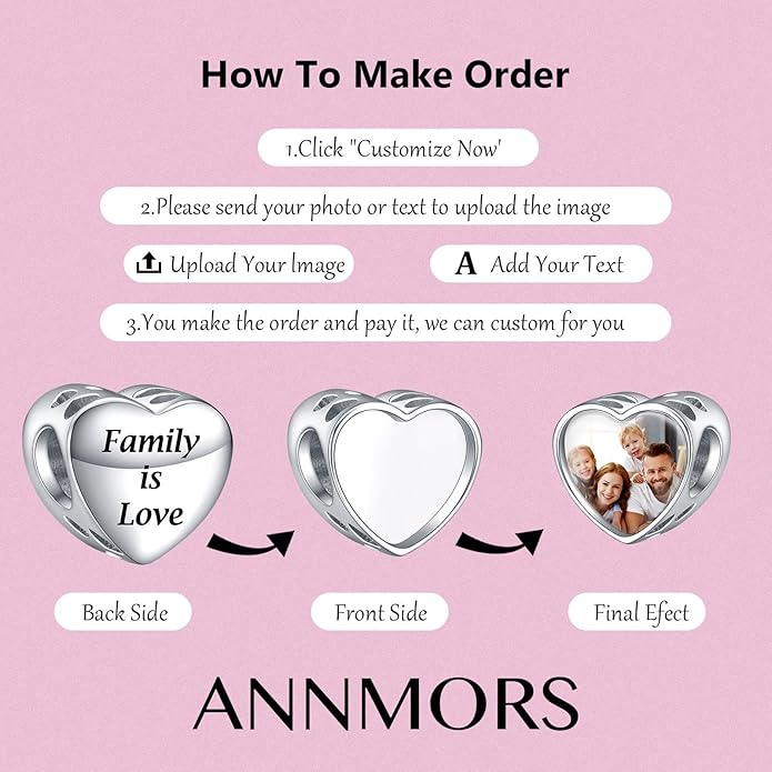 Annmors Personalized Photo Charms For Bracelets/Necklace 925 Sterling Silver Love Heart Shaped Engraved Customize Picture Gift for Birthday Mother's Day,Bead Charms Jewelry for Women