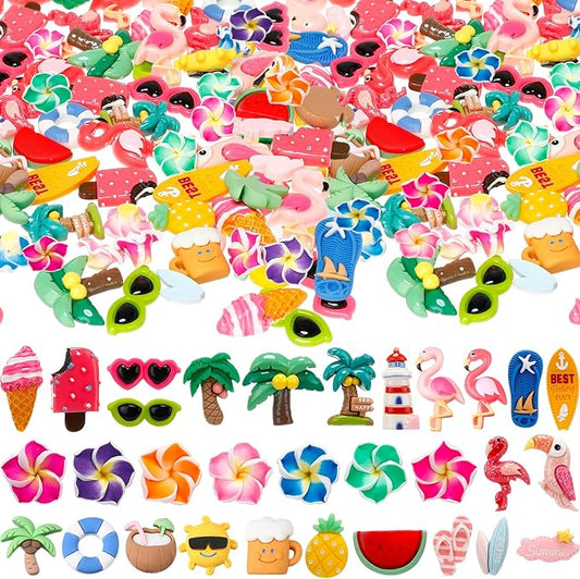 Giegxin 40 Pcs Summer Resin Charm Hawaii Beach Coconut Flamingo Plumeria Flower Flatback Cabochon Accessories Cute Embellishments Bulk for Jewelry Cellphone Case Scrapbooking DIY