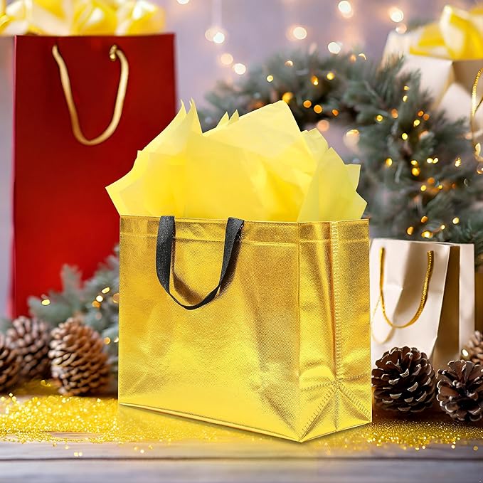 KeerxunBag 12Pcs Reusable Gift Bags（Includes Tissue Paper） Gift bag with handle Birthdays Parties Holidays Weddings Medium 13x5x11in Golden Yellow Gift Bags