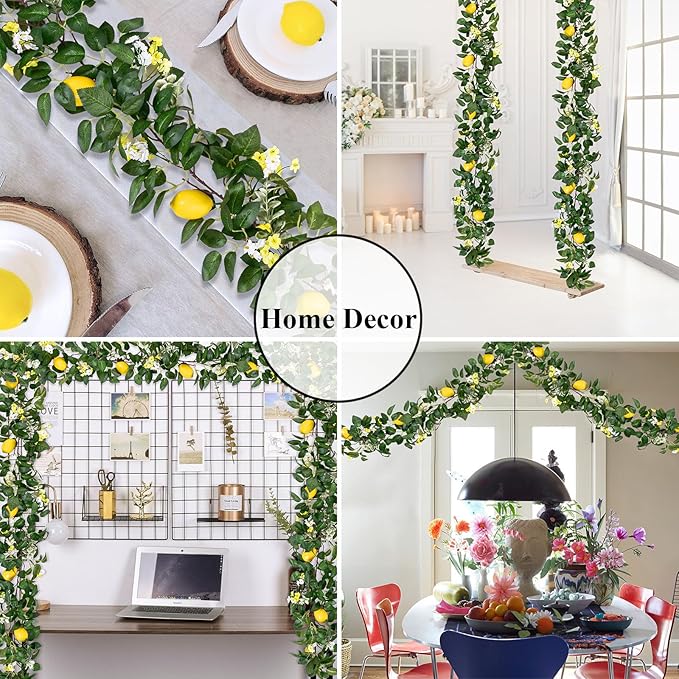 U'Artlines 2Pcs Total 12 Ft Artificial Lemon Garland Spring Summer Faux Fruit Vine Garlands with Greenery for Door Wall Mantle Wedding Party Table Decorations