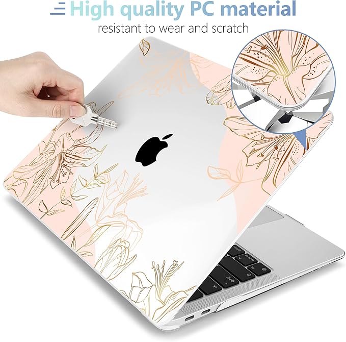 MEEgoodo Case for MacBook Pro 13 inch Case 2022 2021 2020 New A2338 M2/M1 A2251 A2289,Laptop Hard Shell Cases with Keyboard & Camera Cover Compatible with 13.3 inch MacBook Pro, Gold Flowers Lilies