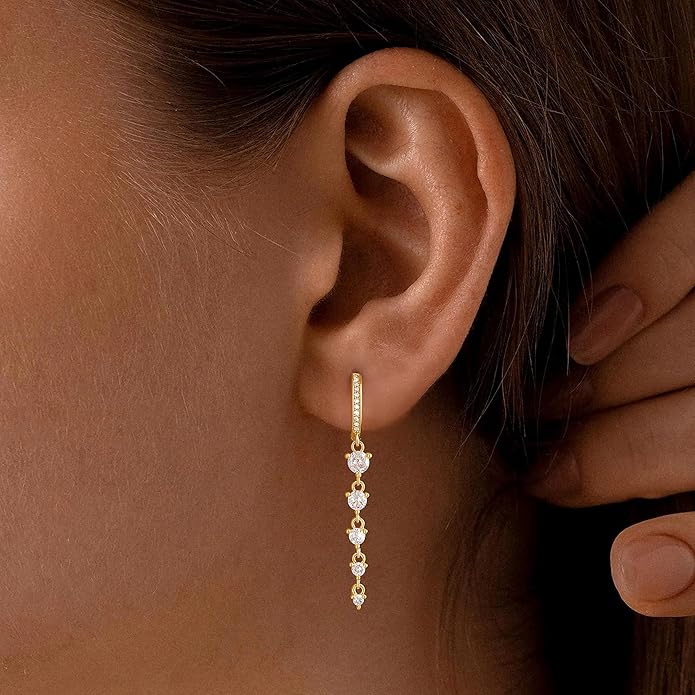 Dangle Earrings For Women Trendy 14K Gold Plated Drop Silver Long Dangling Dainty CZ Simple Hanging Jewelry