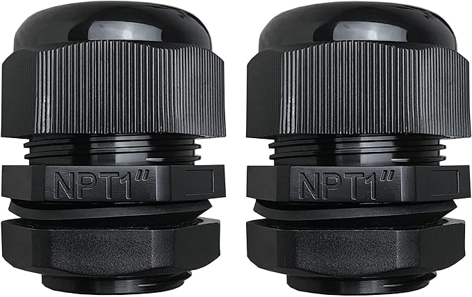 MGI SpeedWare 1" NPT Strain Relief Nylon Cord Grip Cable Glands, Black Plastic Grommet 2-Pack