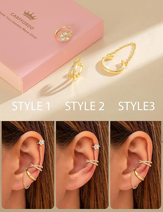 3Pcs Ear Cuffs Non Piercing for Women - Trendy 14K Gold Plated Cuffs Earrings with Cubic Zirconia - Dainty Clip On Cartilage Earring Jewelry