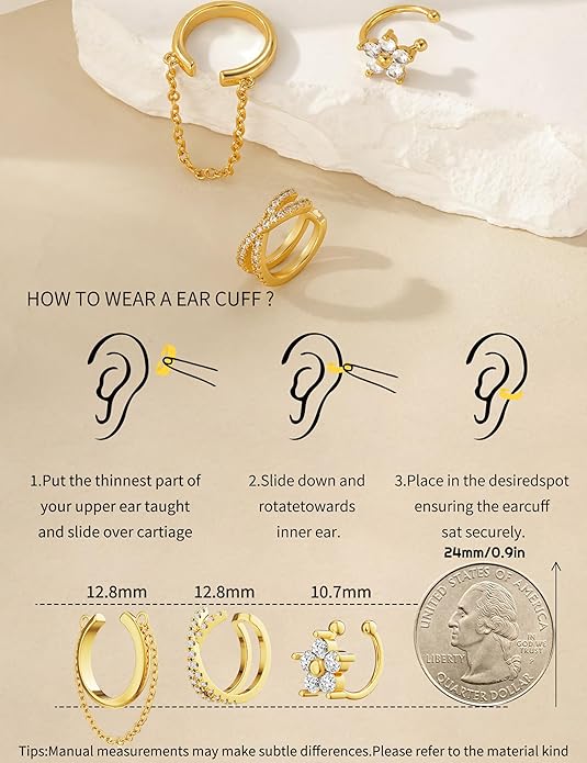 3Pcs Ear Cuffs Non Piercing for Women - Trendy 14K Gold Plated Cuffs Earrings with Cubic Zirconia - Dainty Clip On Cartilage Earring Jewelry