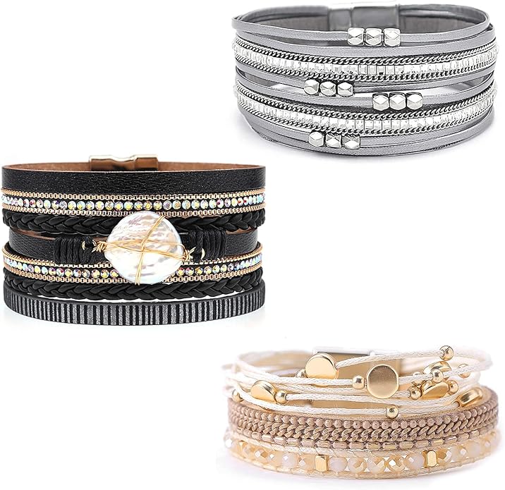 Wowanoo 3Pack Leather Cuff Bracelet Set Multilayer Wrap Bracelet Crystal Feather Tree Bracelet Magnetic Clasp Bracelet for Women