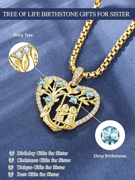 14K Gold Tree of Life Necklace for Sister Christmas Gifts from Sister,Heart Jewelry with Birthstone Pendant for Women Female Friendship Forever My Friend