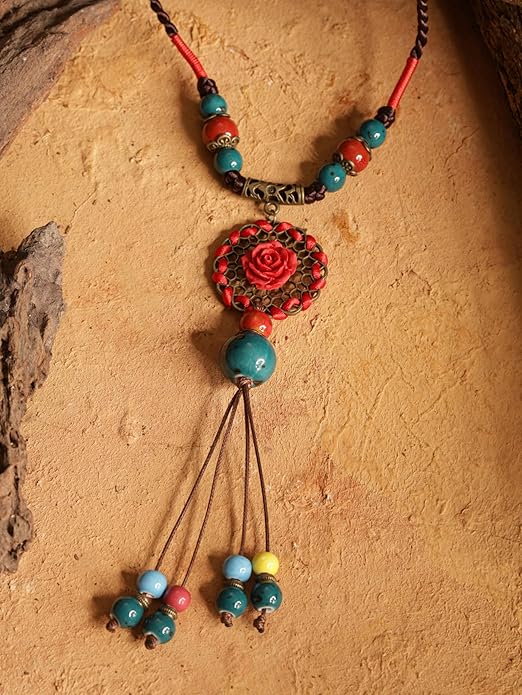MINACHI Vintage Bohemian Colorful Ceramic Bead Antique Flower Y Necklace, Vintage Boho Hippie Statement Jewelry Gift for Women