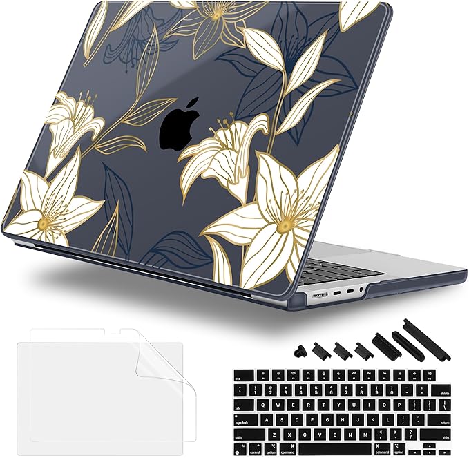 for MacBook Pro 16 inch Case 2021 2022 2023 2024 Release A3186 A3403 M4 A2991 M3 A2780 M2 A2485 M1 Pro/Max, Hard Shell Case with Screen Protector & Keyboard Cover, Golden Floral