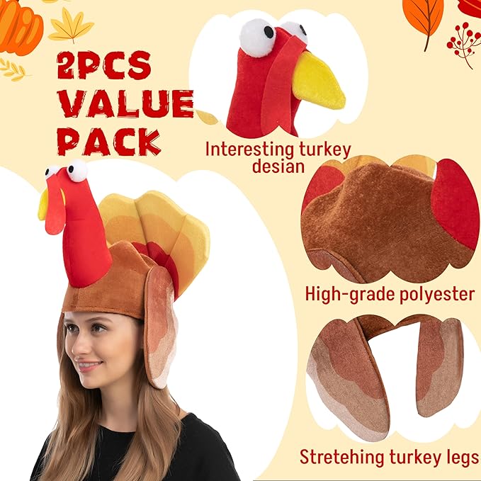 JOYIN 2 PCS Silly Thanksgiving Turkey Cap, Novelty Hats for Thanksgiving Night Event Dress-up Party, Costume Hats for Role Play Carnival Cosplay, Decoration & Accessories