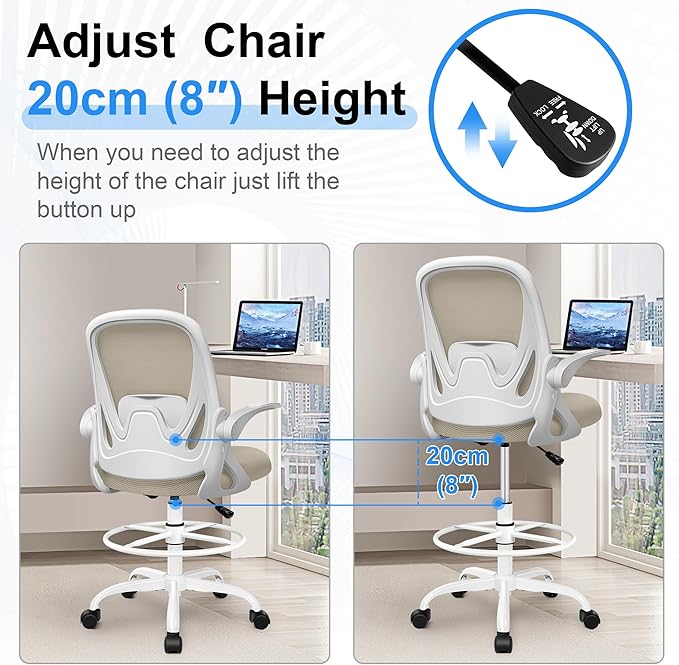 Drafting Chair Tall Office Chair with Flip-up Armrests, Adjustable Height, and Enhanced Lumbar Support - Ergonomic Rolling Stool, Back Support, and Adjustable Foot Rest Ring for Standing Desk Khaki