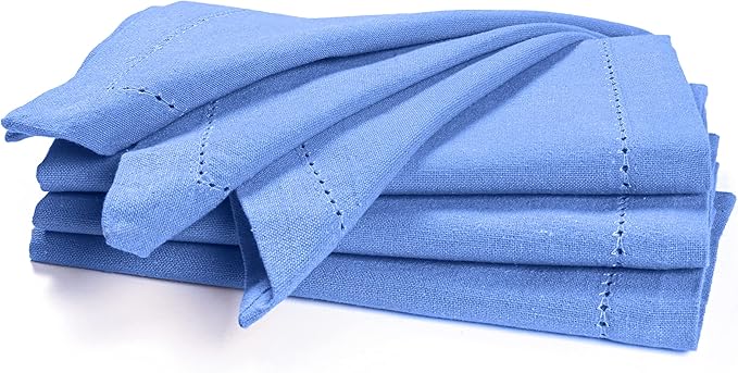 Palisa Cloth Dinner Napkins with Hemstitched Detailing & Mitered Corners Set of 4 (18x18 Inches) Light Blue - Cotton Reusable Dinner Napkins - Perfect for Weddings & Everyday Use