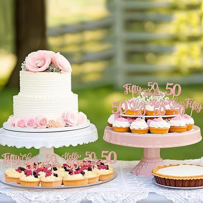 30PCS Happy 50th Birthday Cupcake Toppers Glitter Hello 50 Fabulous Fifty Cheers to 50 Years Old Birthday Cupcake Picks for Happy 50th Birthday Anniversary Party Cake Decorations Supplies Rose Gold