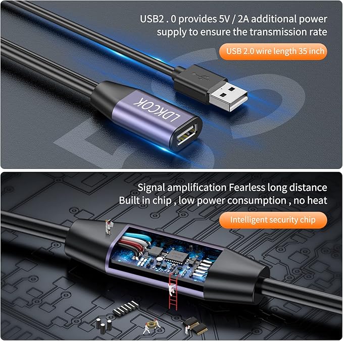 LDKCOK USB 2.0 Type A Male to A Female Active Repeater Extension Cable 30ft, High Speed 480 Mbps