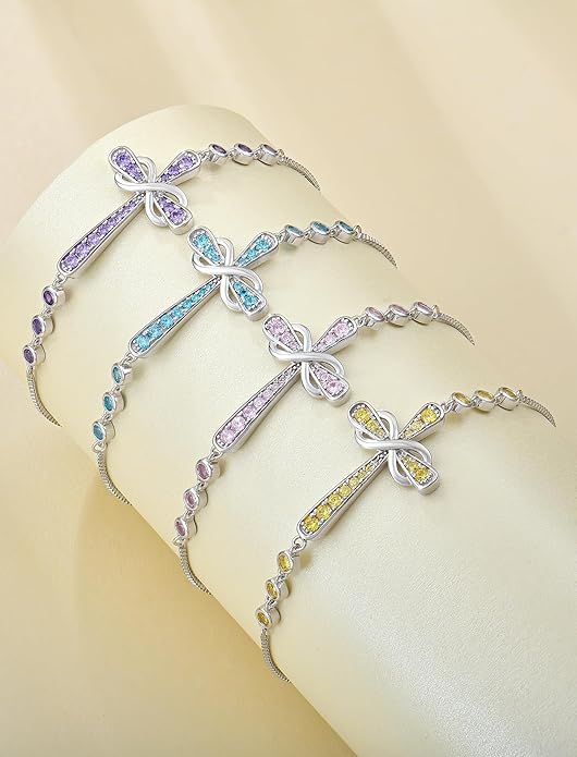 YL Cross Bracelet 925 Sterling Silver Infinity Sideways Link Bracelet Birthstone Jewelry for Women
