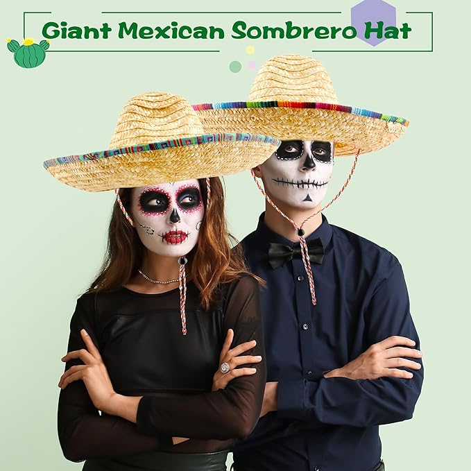 2 Pack Giant Mexican Sombrero Hat Cinco de Mayo Fiesta Straw Hat for Mexican Party Decor Favors Luau Event Photo Props