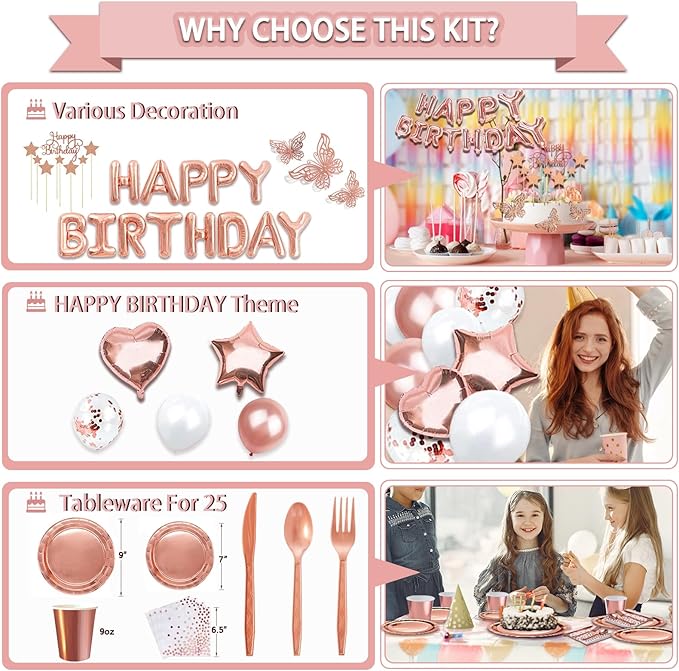 285 Pcs Rose Gold Party Decorations, Birthday Decorations For Women Or Girl - Knives, Forks and Spoons, Tiara, Butterfly, Sash, Paper Pom Poms, Balloon Stand, Tableware For 25 Guests