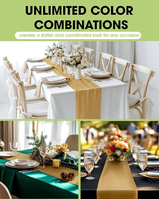 Pureegg Gold Plastic Table Runners - 12 Pack, 14'' x 108'', Water Resistant & Disposable Centerpiece Decorations for Table Cloth, Wedding, Birthday, Holiday, Baby Shower, Party, Home Decor
