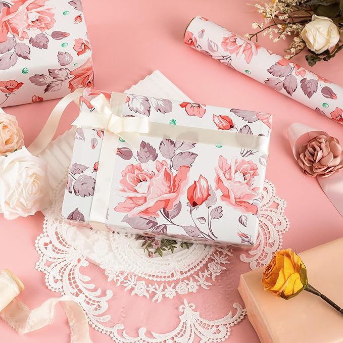 MAYPLUSS Flower Gift Wrapping Paper Roll - 17Inch x 33Feet - Luxury Elegant Floral with Gold Pattern Girl Gift Wrap Present Sheet for Wedding, Bridal Shower, Birthday, Engagement and Mother's Day