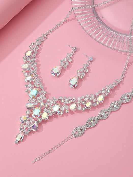 Wedding Bridal Bridesmaid Austrian Crystal Rhinestone Jewelry Sets Statement Choker Necklace Earrings Bracelets Sets for Wedding Party Prom