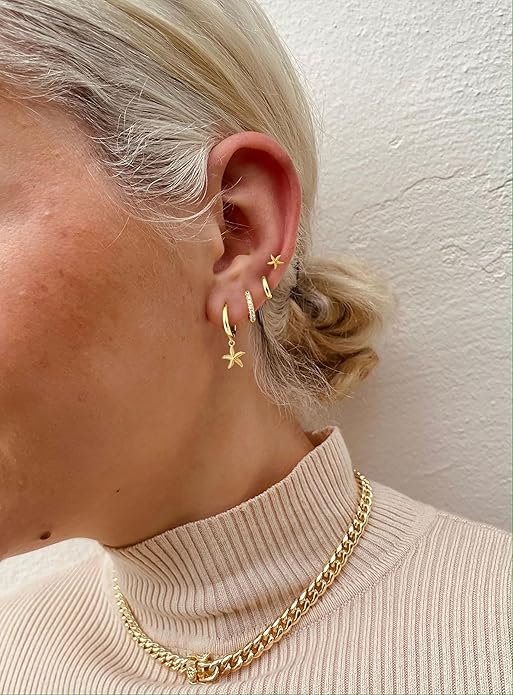 Small Gold Huggie Hoop Earrings Set for Women Men Hypoallergenic 14K Plated Stack Cartilage Earrings, Multiple Piercing Lightweight Mini Thin Cute Dainty Trendy Jewelry Set Christmas Gifts for Women
