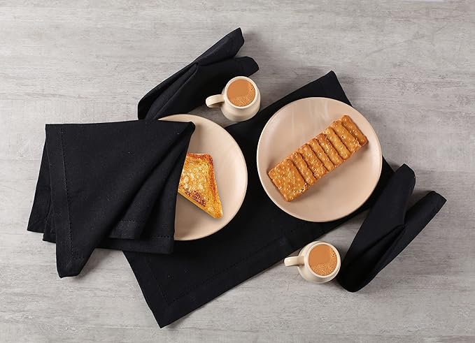 LFH Home Hemstitched Cloth Dinner Napkins 18x18 Inch Set of 12 - Reusable 100% Cotton Machine Washable Cocktail Napkins with Metered Corners for Daily, Party, Wedding, Bar Use - Black
