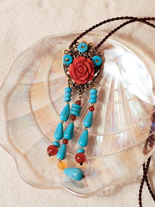 MINACHI Vintage Bohemian Colorful Ceramic Bead Antique Flower Y Necklace, Vintage Boho Hippie Statement Jewelry Gift for Women