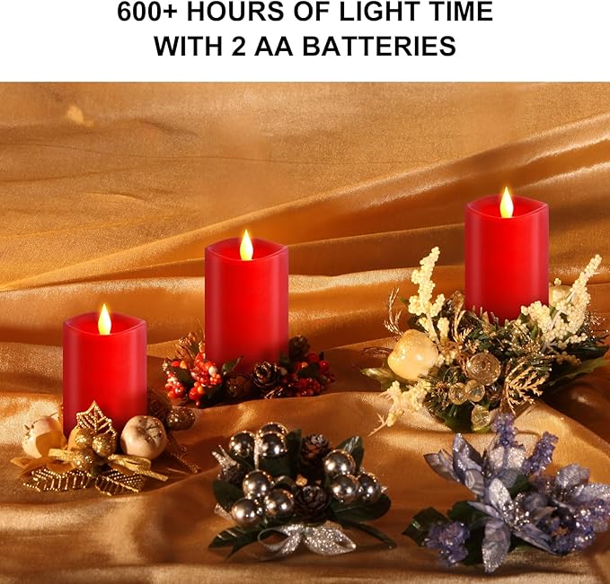 3PCS, 3 x 5 inches Flameless Candle with Remote Control, 3D Flickering Wick, Real Wax Pillar LED Candles, Battery Candles,with Timer,for Holiday Home Decor, Red