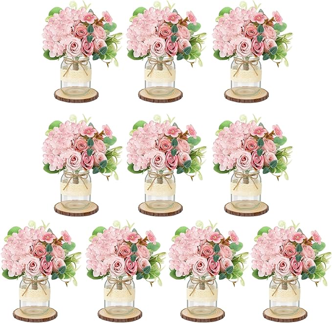 Set 10 Mason Jar Table Centerpiece - Wedding Centerpieces for Tables, Mason Jar Flower Centerpiece Vases Decor- Boho Farmhouse Rustic for Engagement, Bridal Shower, Wedding, Versatile Decor (Pink)